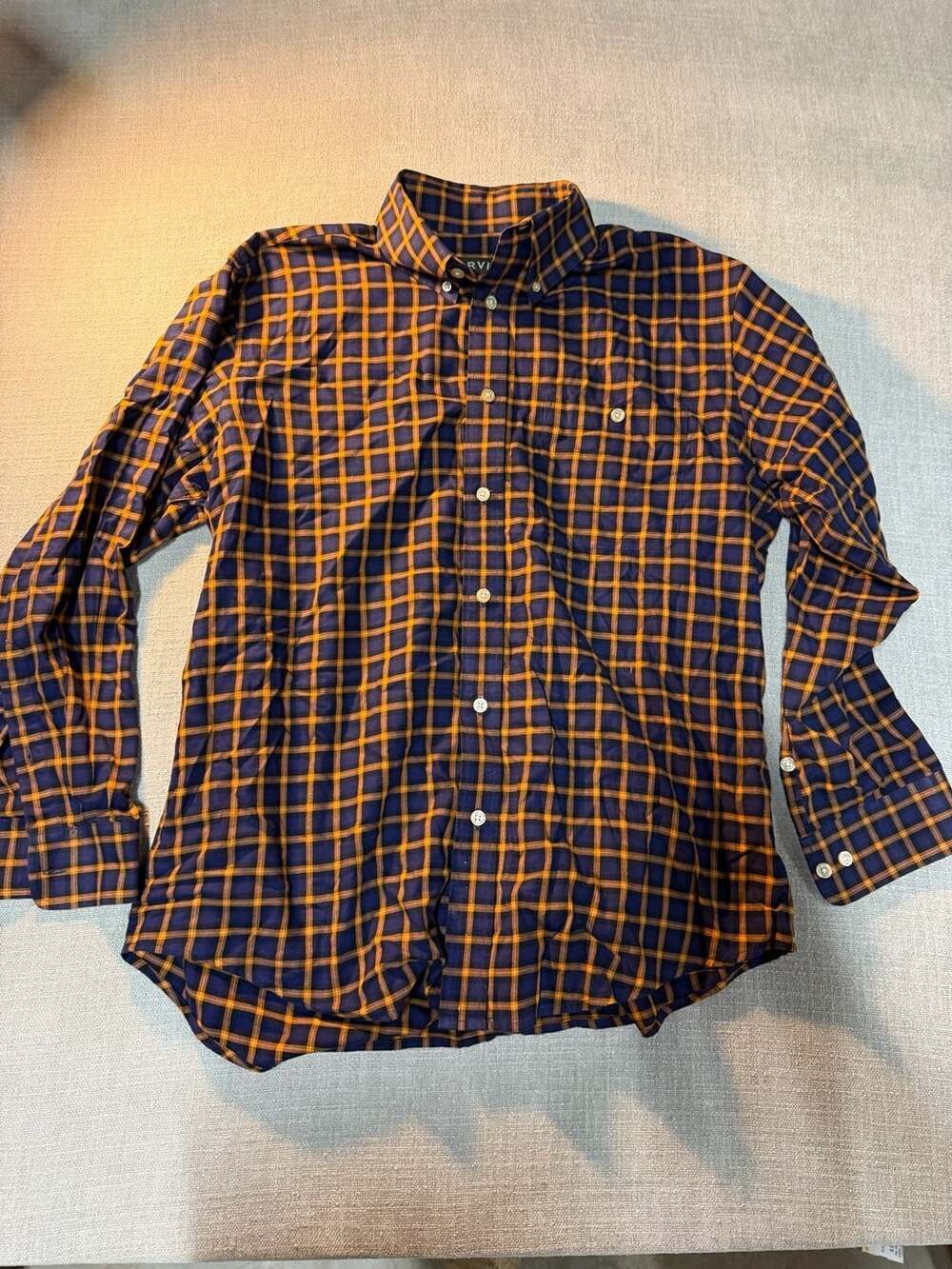 Orvis Men's Blue and Orange Plaid Long Sleeve Button Down Shirt